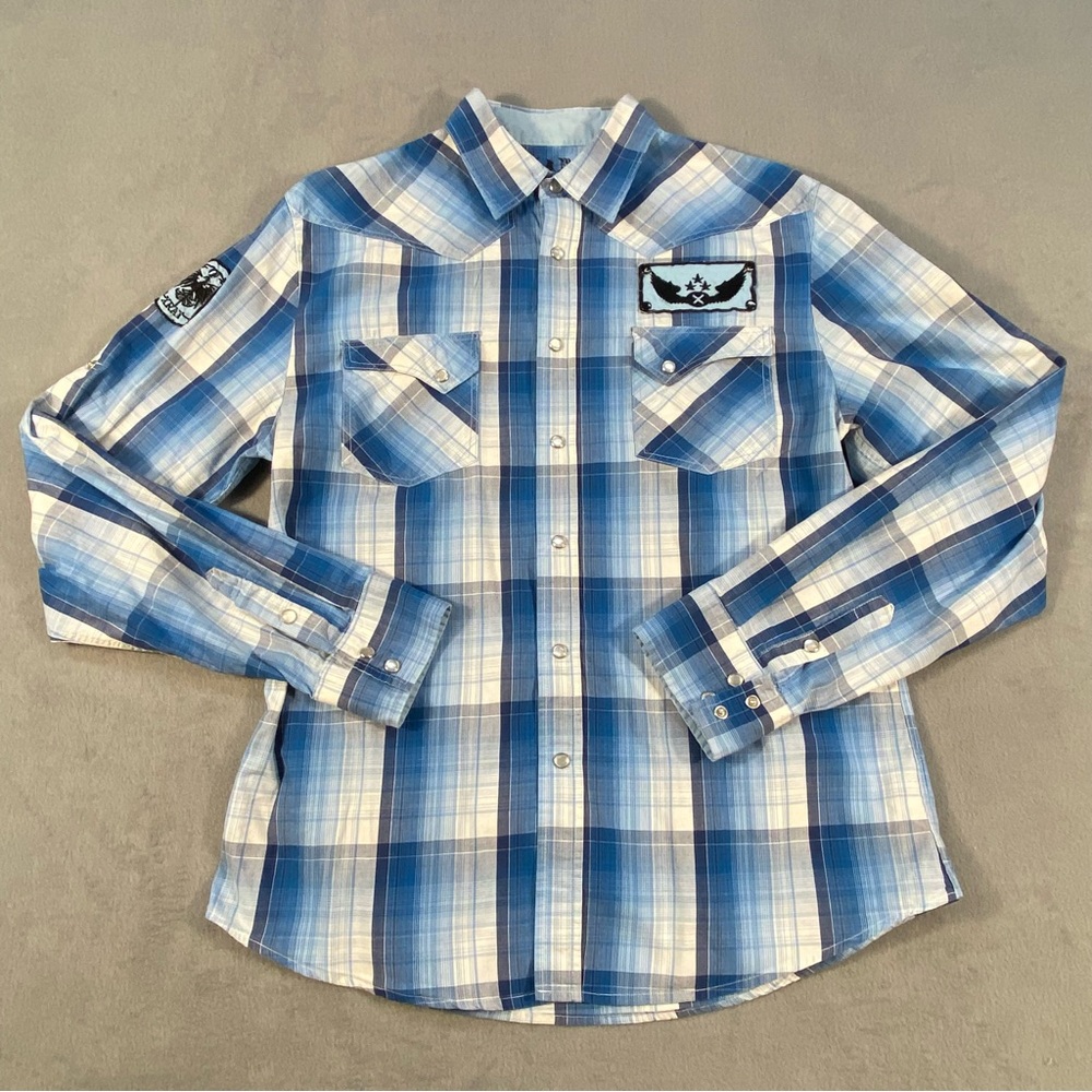 XRAY Jeans Men's Blue Plaid Casual Button Down Shirt, Snap Buttons, patches, XL
